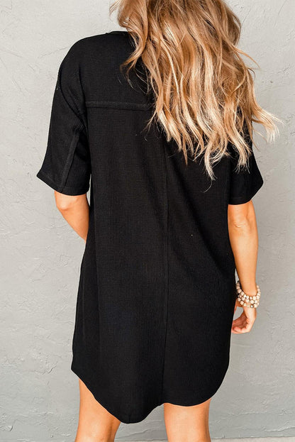 Black Waffle Knit T-shirt Dress with Pockets - L & M Kee, LLC