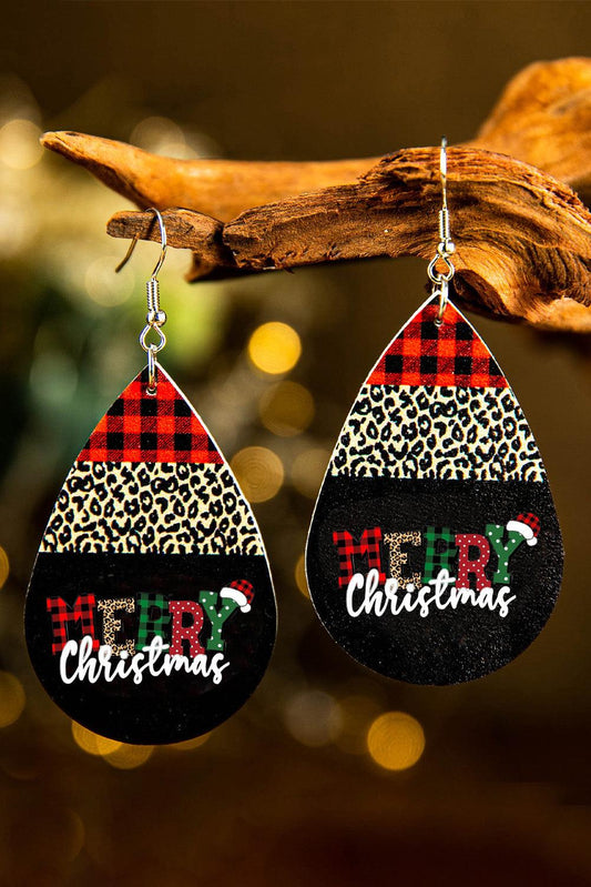 Black Merry Christmas Leopard Plaid Drop Earrings - L & M Kee, LLC