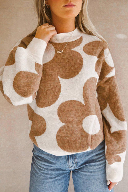 Khaki Big Flower Pattern Drop Shoulder Sweater - L & M Kee, LLC