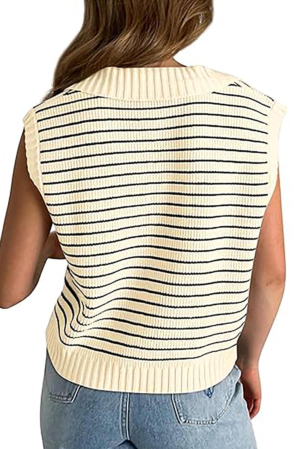 Beige Stripe Turn-down V Neck Sweater Tank Top - L & M Kee, LLC