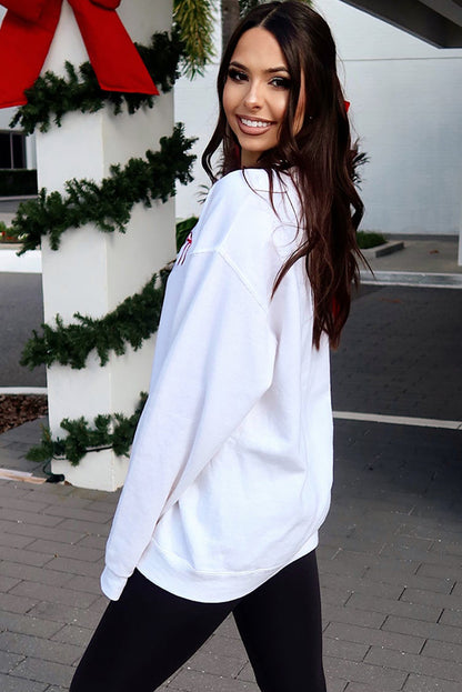 White Diverse Bow Embroidery Drop Shoulder Sweatshirt