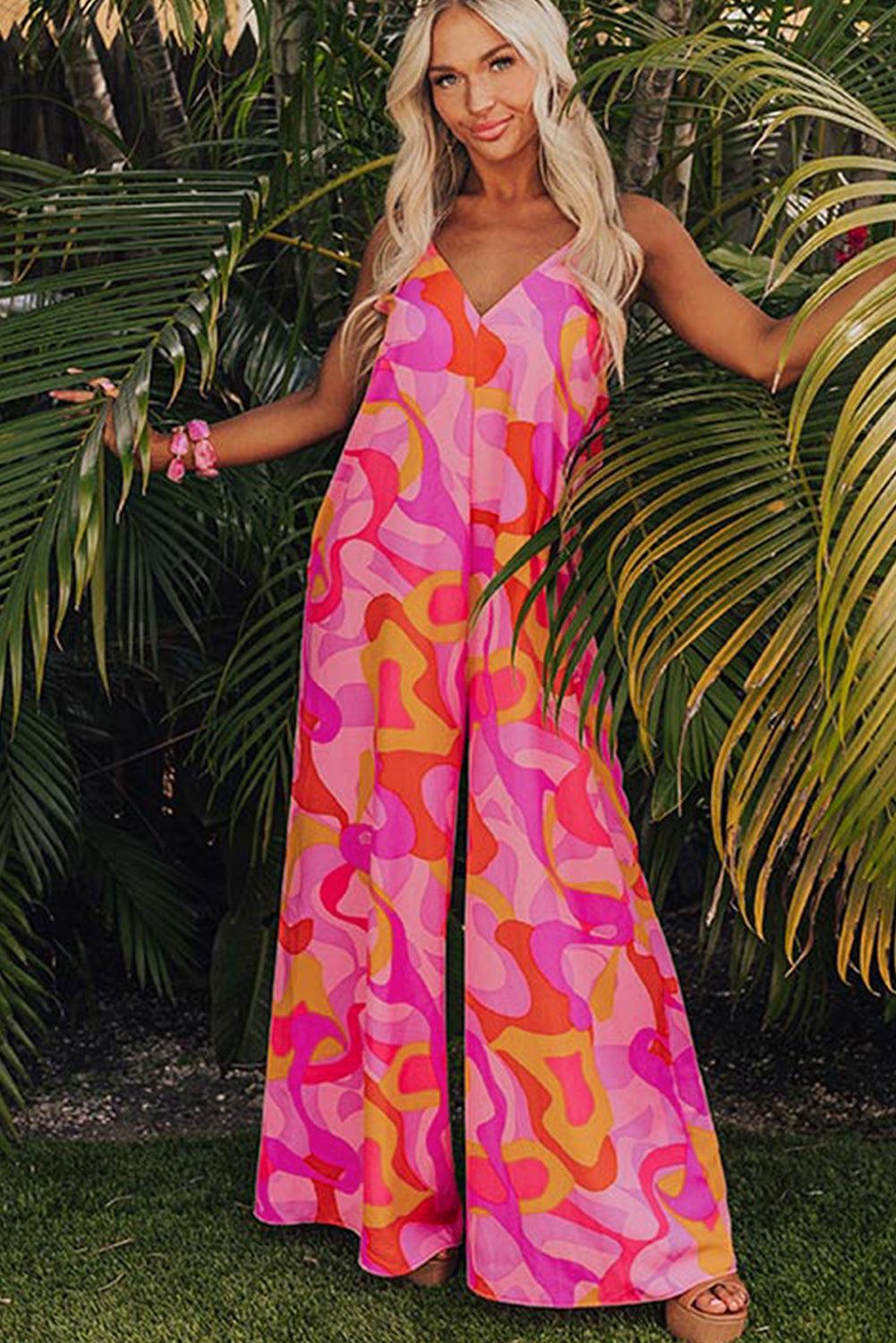 Pink Boho Abstract Print V Neck Wide Leg Jumpsuit - L & M Kee, LLC