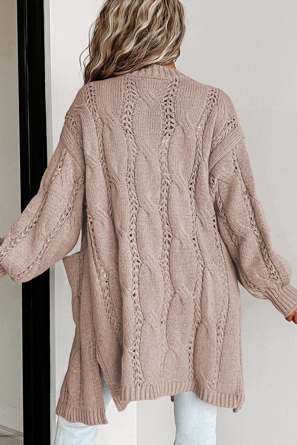 Apricot Ribbed Trim Eyelet Cable Knit Cardigan - L & M Kee, LLC