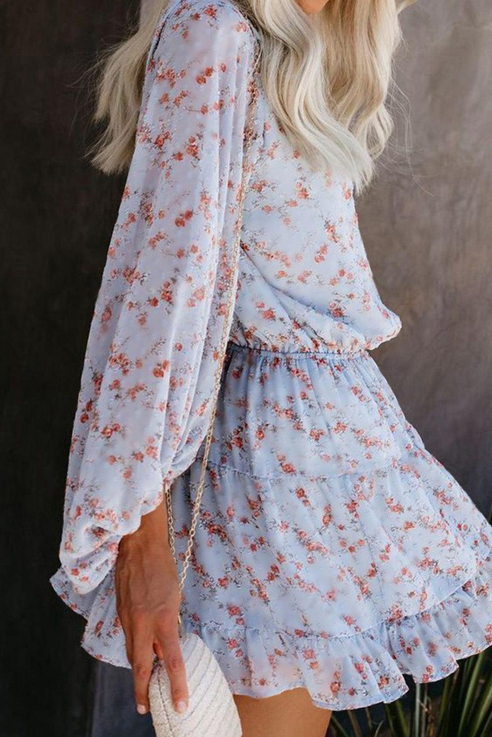 Blue V Neck Lantern Sleeves Floral Tunic Dress - L & M Kee, LLC