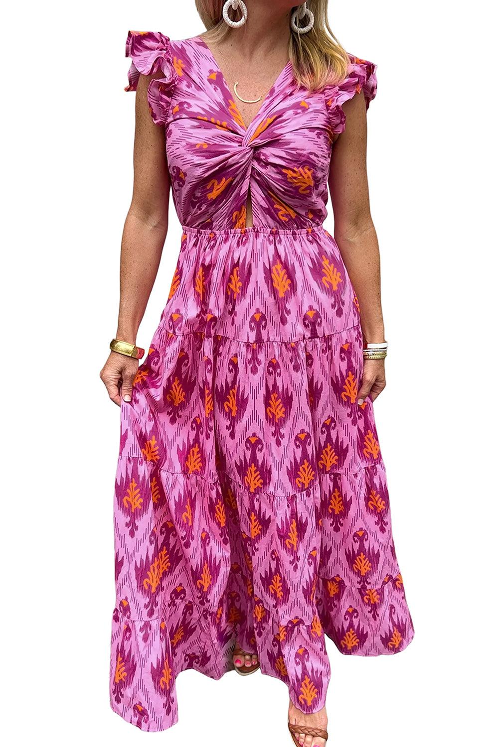 Bonbon Retro Print Twisted Front Ruffled Sleeve Maxi Dress - L & M Kee, LLC