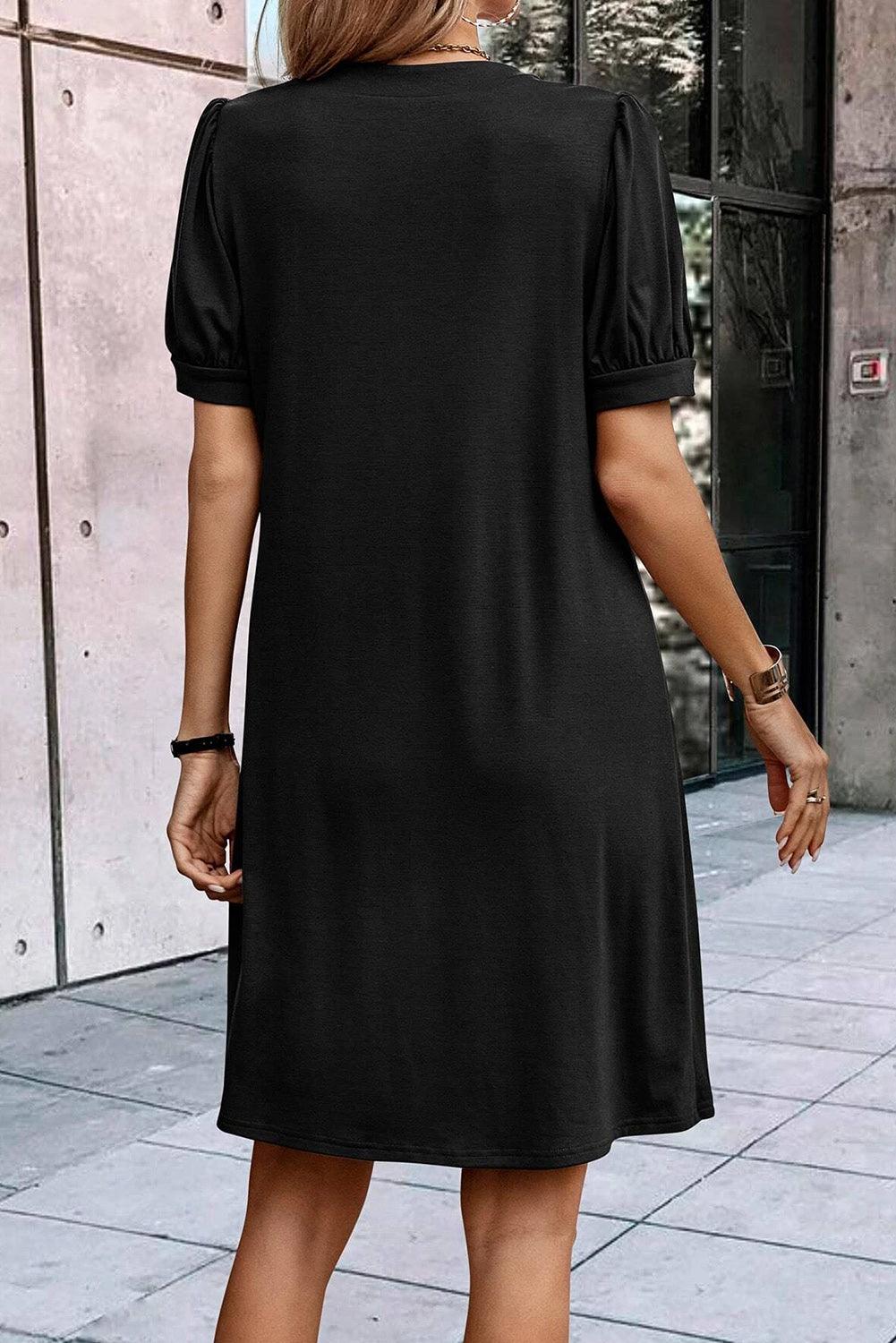 Black Notched Neck Pleated Puff Sleeve Shift T-shirt Dress - L & M Kee, LLC