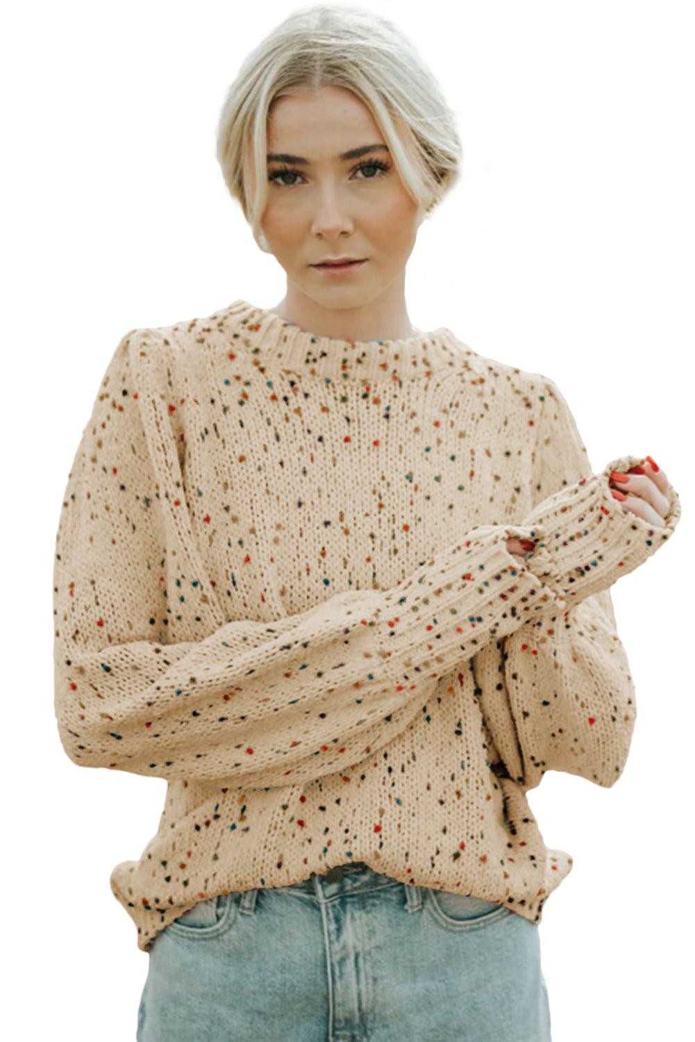 Beige Colorful Dots Cable Knit Crew Neck Sweater - L & M Kee, LLC