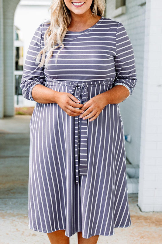 Striped Tie Waist 3/4 Sleeve Plus Size Dress - L & M Kee, LLC