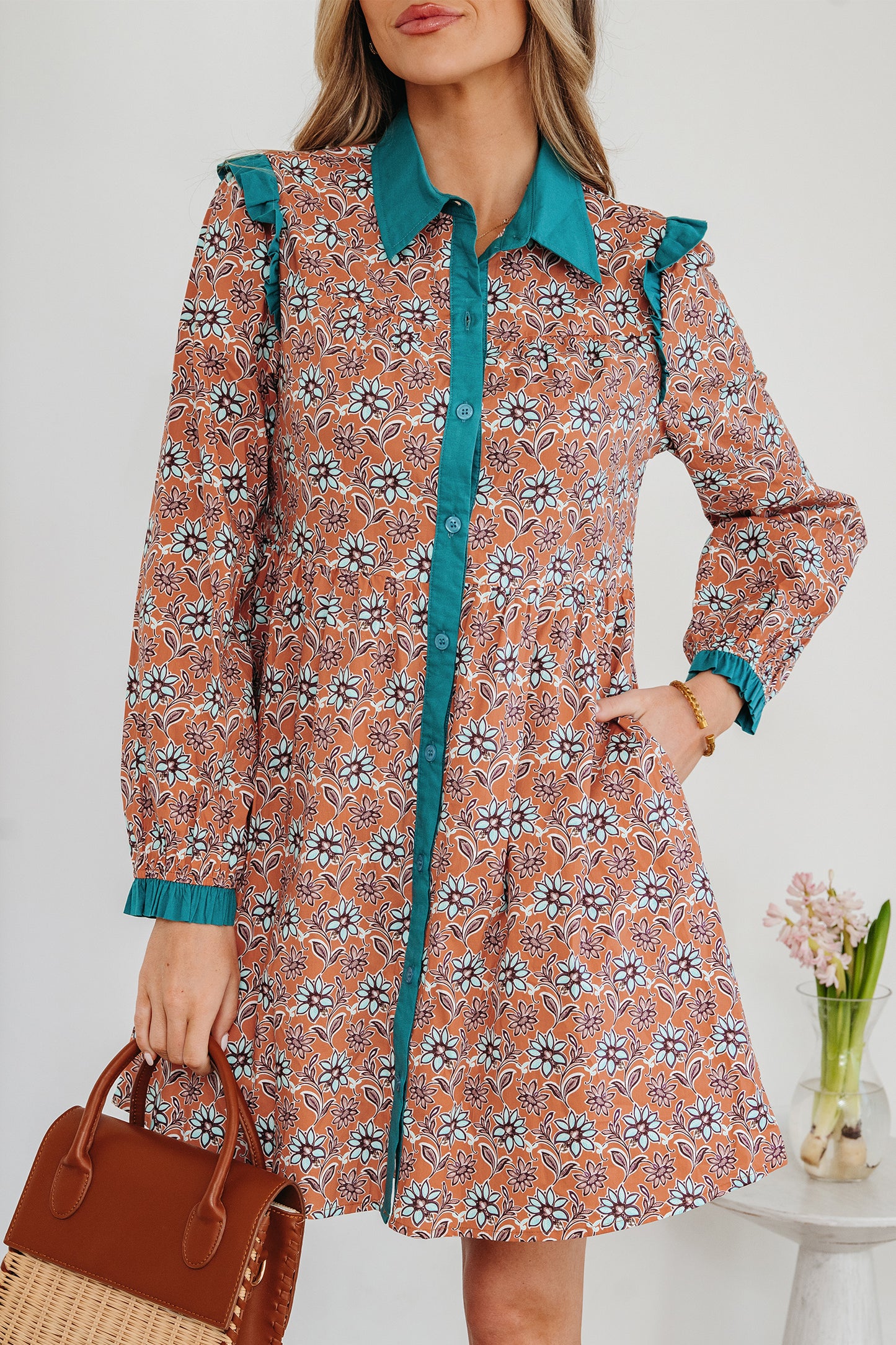 Orange Boho Floral Contrast Collared Shirt Mini Dress
