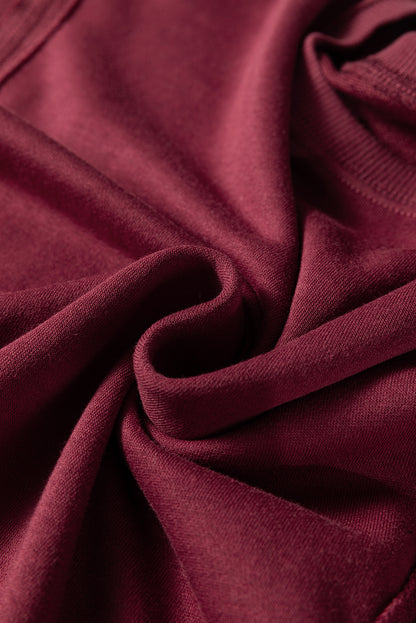 Red Sandalwood Plaid Colorblock Patchwork Sleeve Raw Seam Sweatshirt