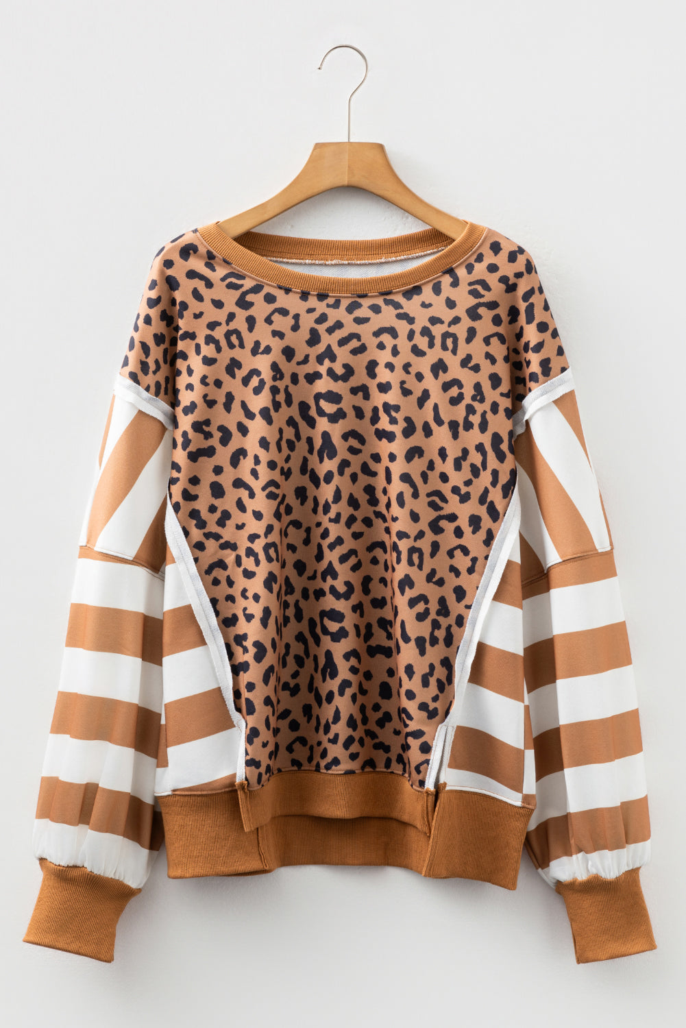 Khaki Stripe Color Block Patchwork Leopard Casual Sweatshirt with Slits