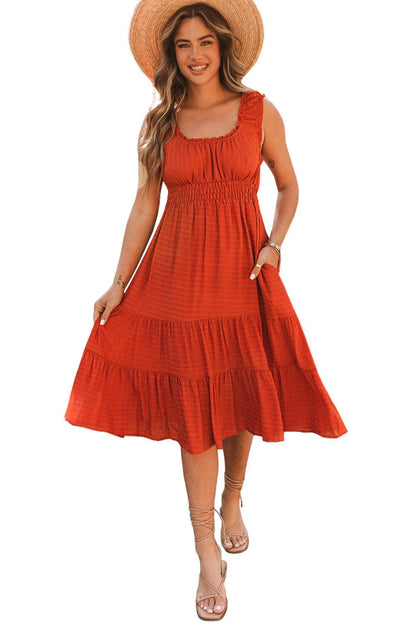 U-Neck Sleeveless Ruched Tiered Ruffled Midi Dress - L & M Kee, LLC