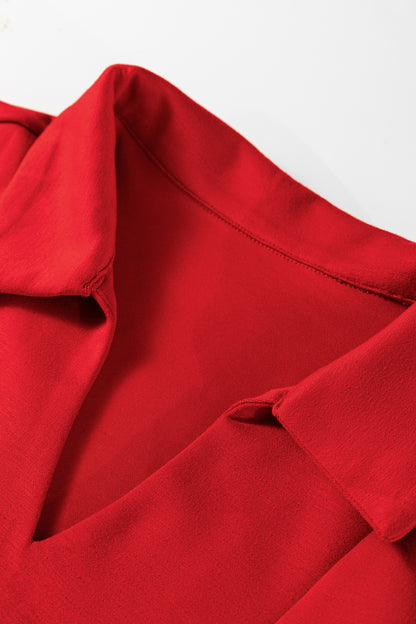 Fiery Red Polo Collar V Neck 3/4 Sleeve Pullover Drawstring Bell Bottom Pants 2pcs Set