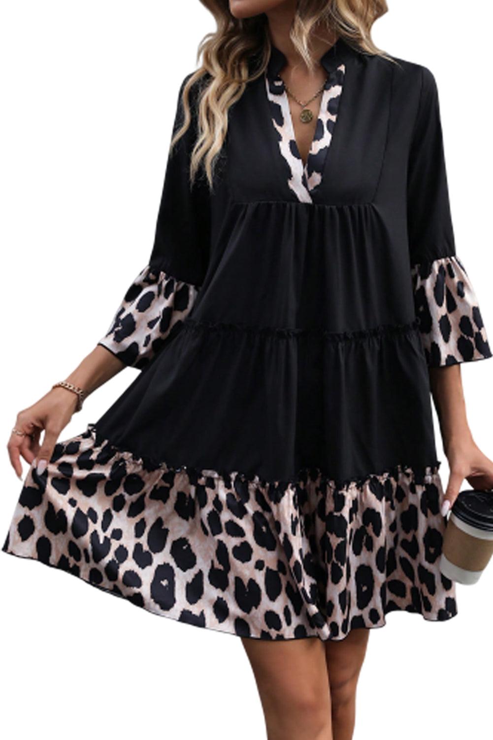 Black Leopard Trim V Neck Ruffled Sleeve Flared Dress - L & M Kee, LLC