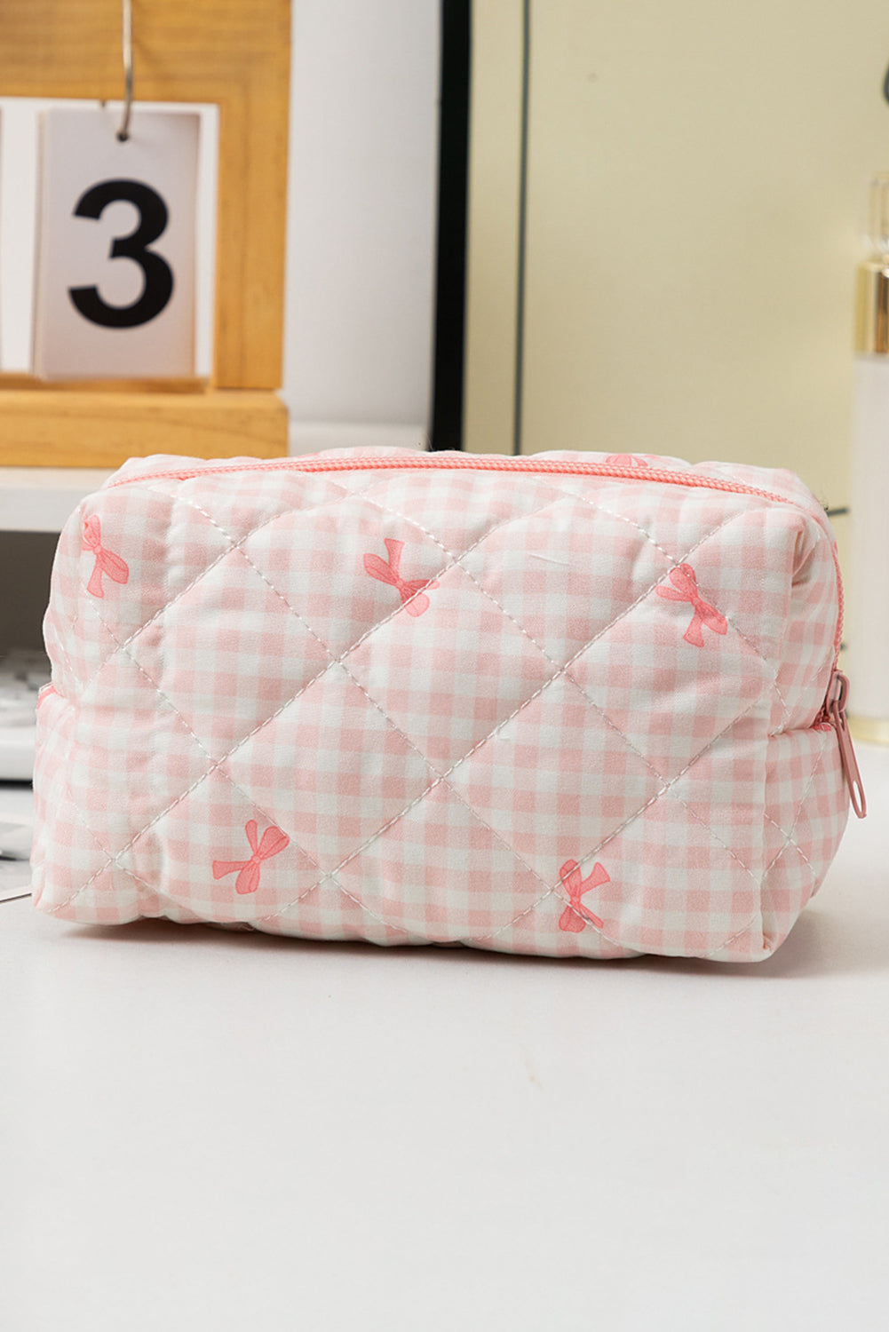 Pink Sweet Bow Knot Print Quilted Zipper Cosmetic Bag