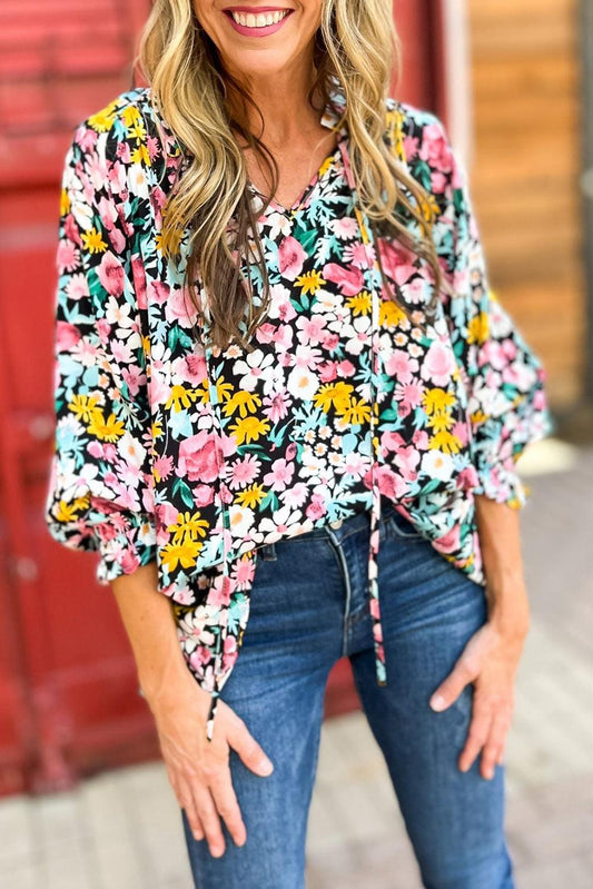 Multicolor Floral Notched V-Neck Puff Sleeve Blouse - L & M Kee, LLC