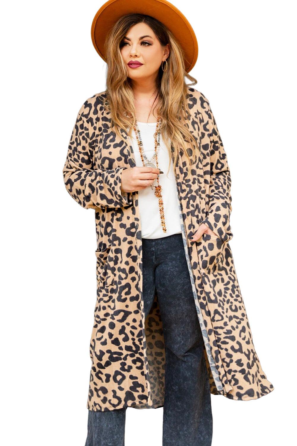 Leopard Plus Size Open Front Pocketed Long Cardigan - L & M Kee, LLC