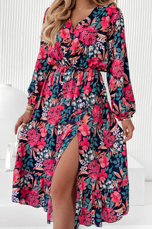 V Neck Elastic High Waist Split Floral Dress - L & M Kee, LLC