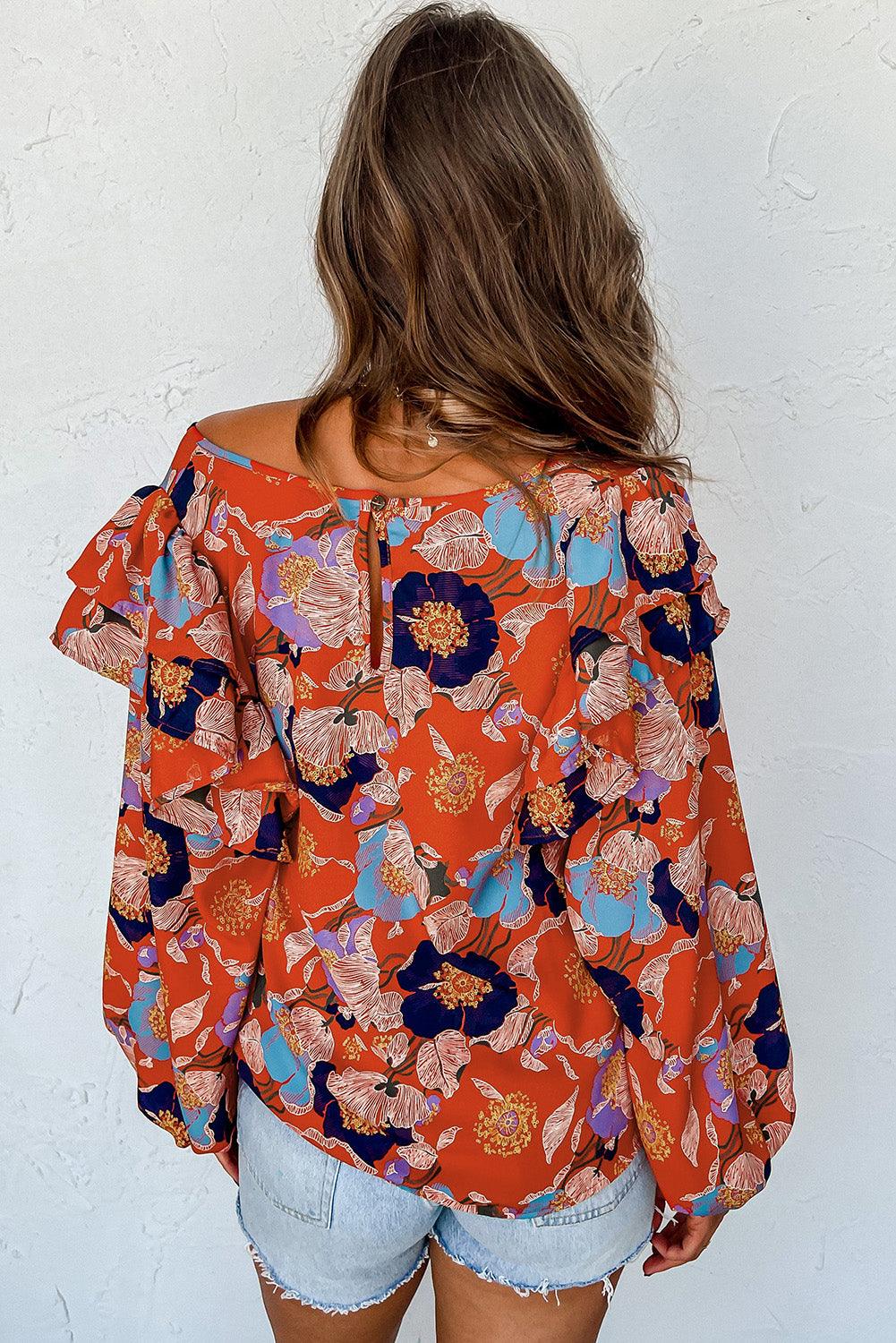Red Floral Print Ruffle Puff Sleeve Blouse - L & M Kee, LLC
