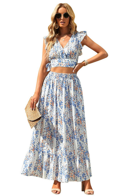 White Floral Ruffled Crop Top and Maxi Skirt Set - L & M Kee, LLC