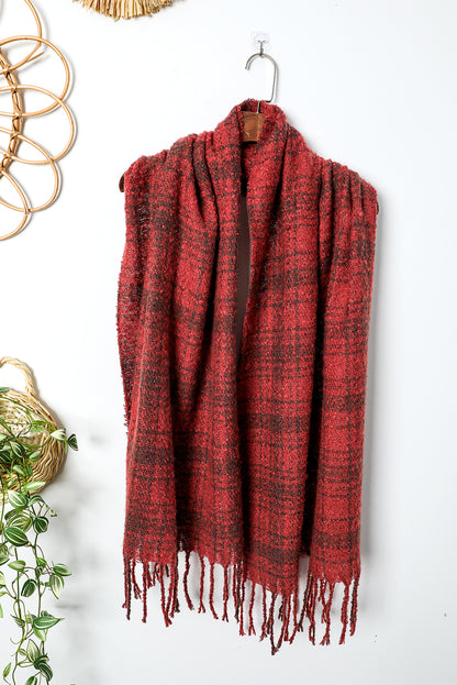 Red Dahlia Plaid Tassel Edge Warm Scarf