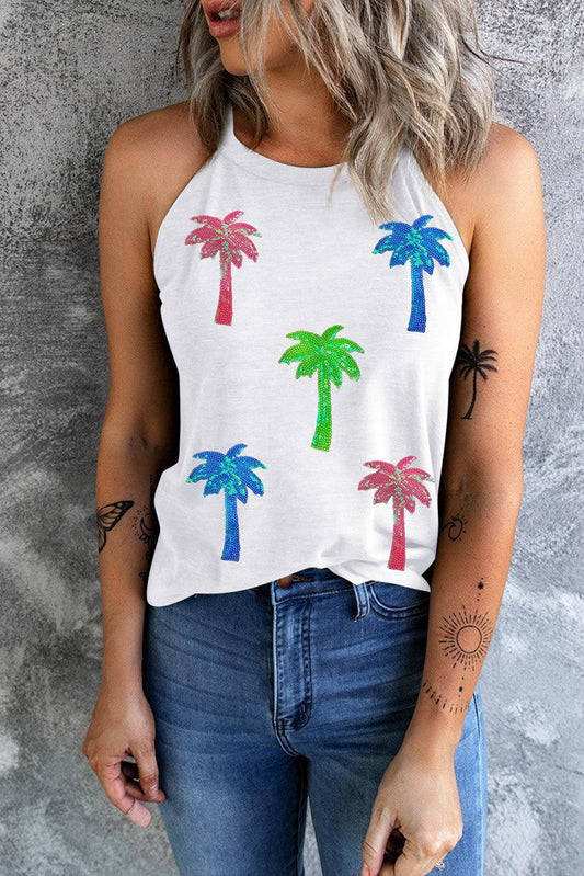 White Sequin Coconut Tree Graphic Tank Top - L & M Kee, LLC