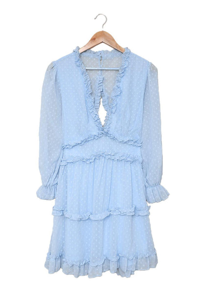 Sky Blue Layered Ruffled Open Back Puff Sleeve Swiss Dot Mini Dress - L & M Kee, LLC