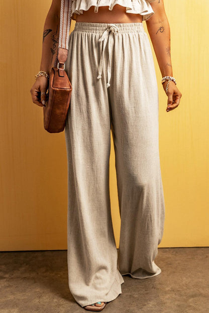 Apricot Lace-up Waist Floor Length Wide Leg Casual Pants - L & M Kee, LLC