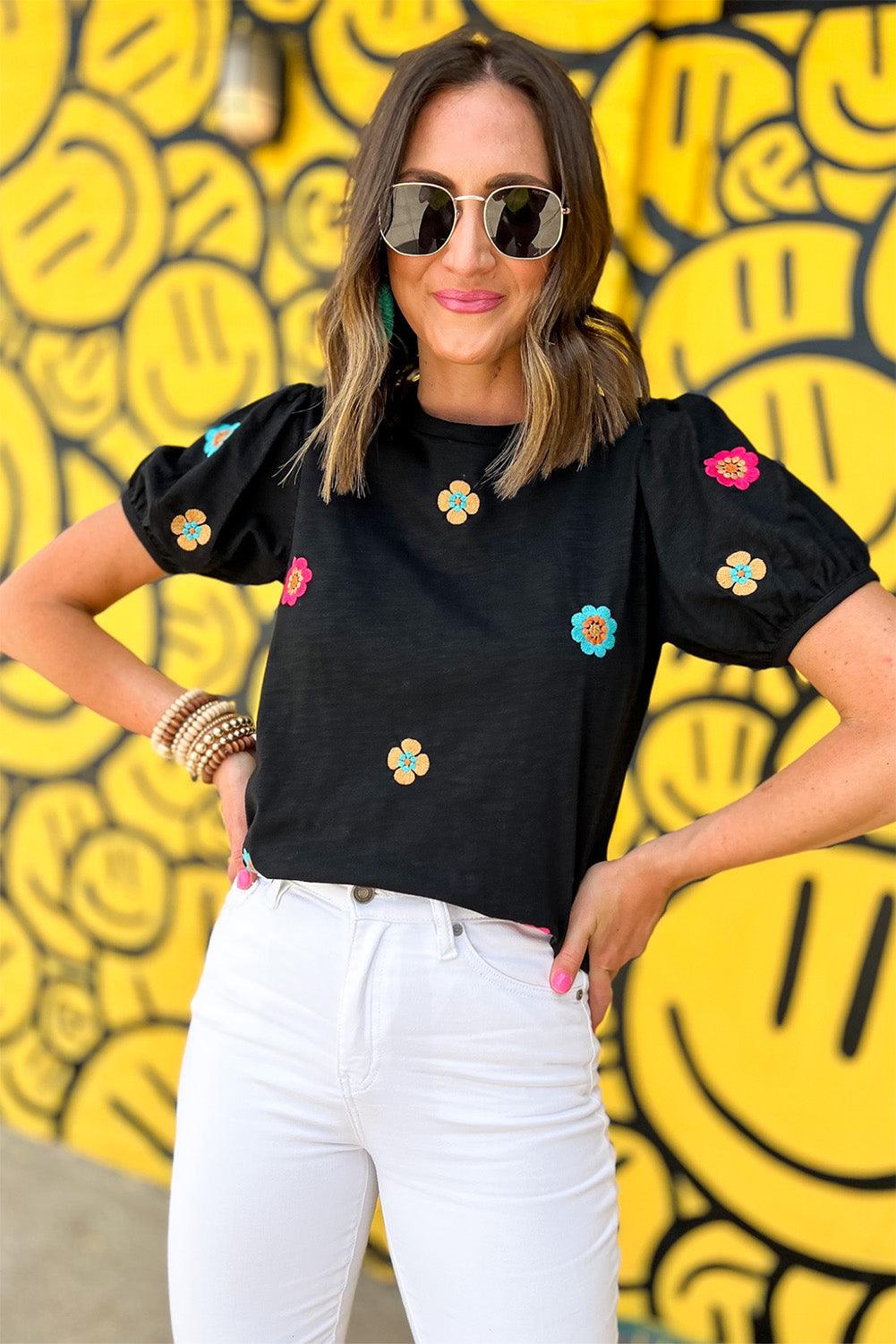 Black Embroidered Flower Short Puff Sleeve Tee - L & M Kee, LLC