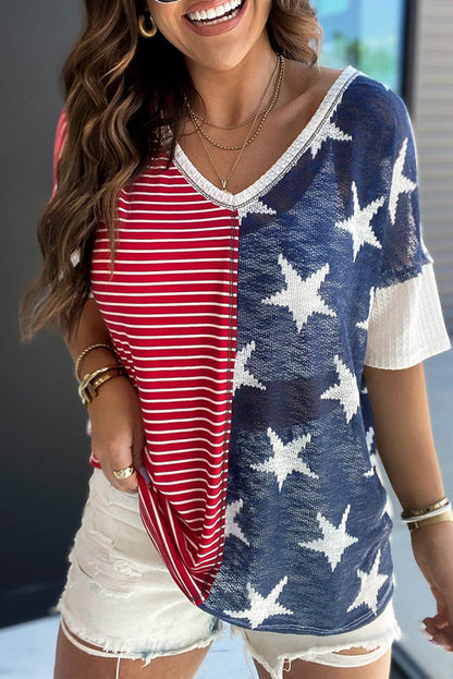 Multicolor Stripes Stars Print Knit Short Sleeves Top - L & M Kee, LLC