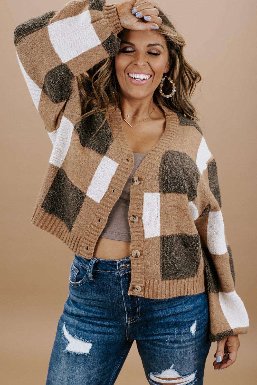 Brown Checkered Knit Ribbed Trim Buttoned Plus Cardigan - L & M Kee, LLC