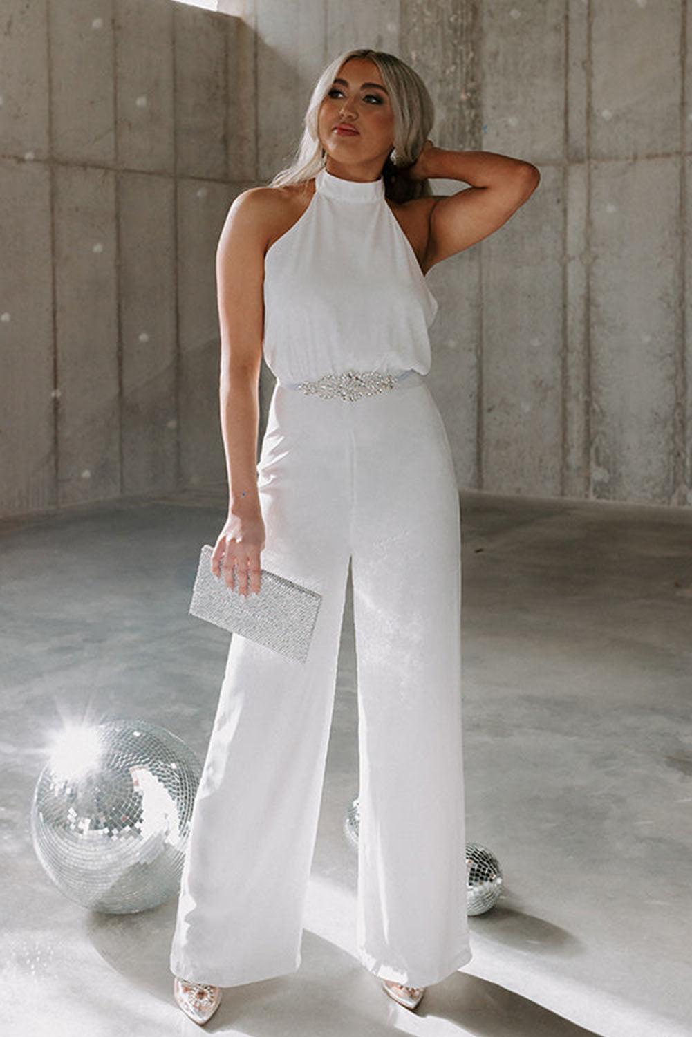 Button Halterneck Elegant Wide Leg Jumpsuit - L & M Kee, LLC