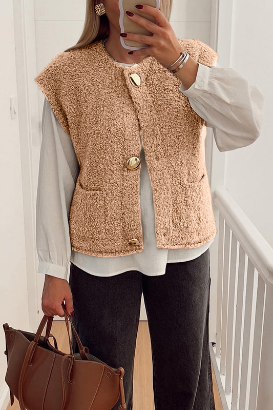 Light French Beige Big Button Accent Fuzzy Pocket Vest