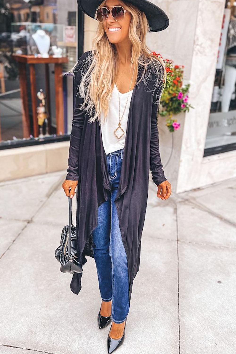 Black Draped Open Front Long Cardigan - L & M Kee, LLC