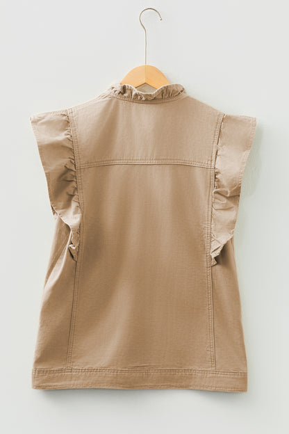 Pale Khaki Ruffled Patchwork Denim Jacket Vest