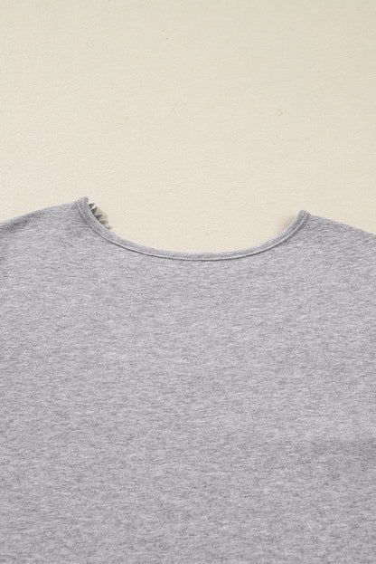 Gray Hollowed Lace Ribbed Knit Long Sleeve Patchwork Top