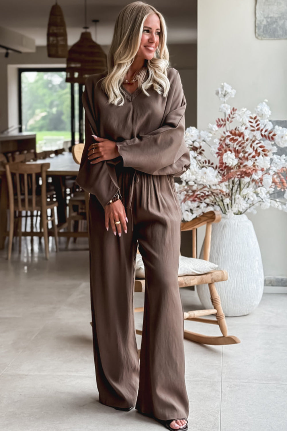 Dark Brown Braided V Neck Long Sleeve Loose Top and Drawstring High Waist Pants 2pcs Outfit