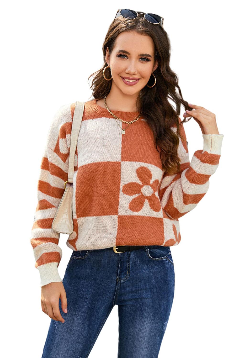 Brown Checkered Floral Print Striped Sleeve Sweater - L & M Kee, LLC