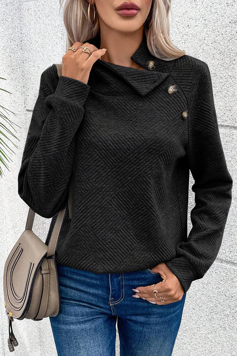 Gray Asymmetric Buttons Detail High Neck Textured Sweatshirt - L & M Kee, LLC