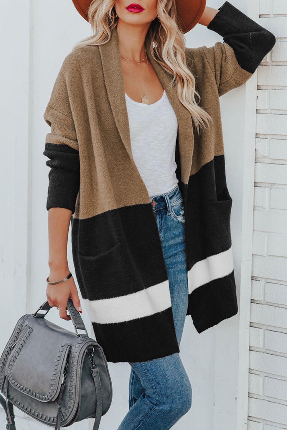 Gingerbread Latte Colorblock Pocketed Cardigan - L & M Kee, LLC