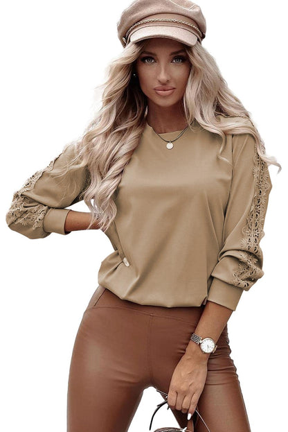 Light French Beige Lace Crochet Patched Crew Neck Top - L & M Kee, LLC