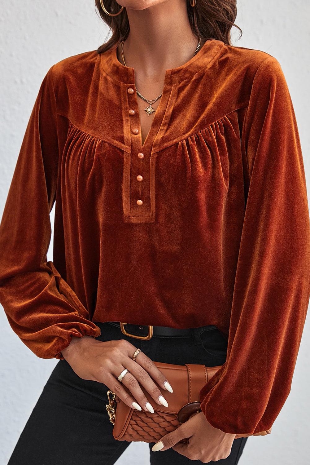 Gold Flame Lantern Sleeve Beaded Split V Neck Velvet Top - L & M Kee, LLC