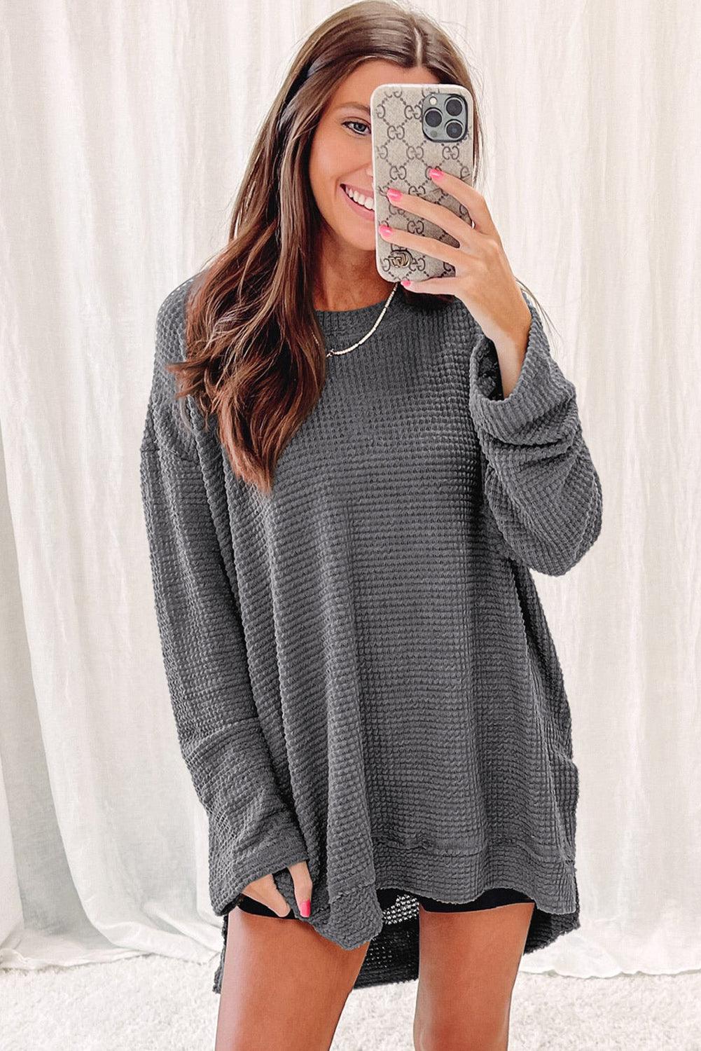 Gray Waffle Knit High Slits Oversized Top - L & M Kee, LLC