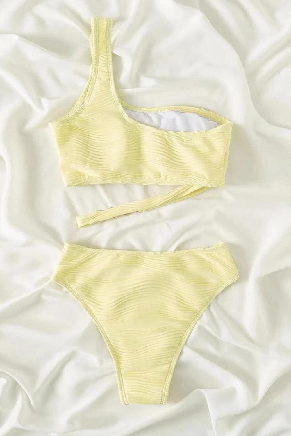 Yellow Cream Wavy Textured Asymmetrical One Shoulder Bikini - L & M Kee, LLC