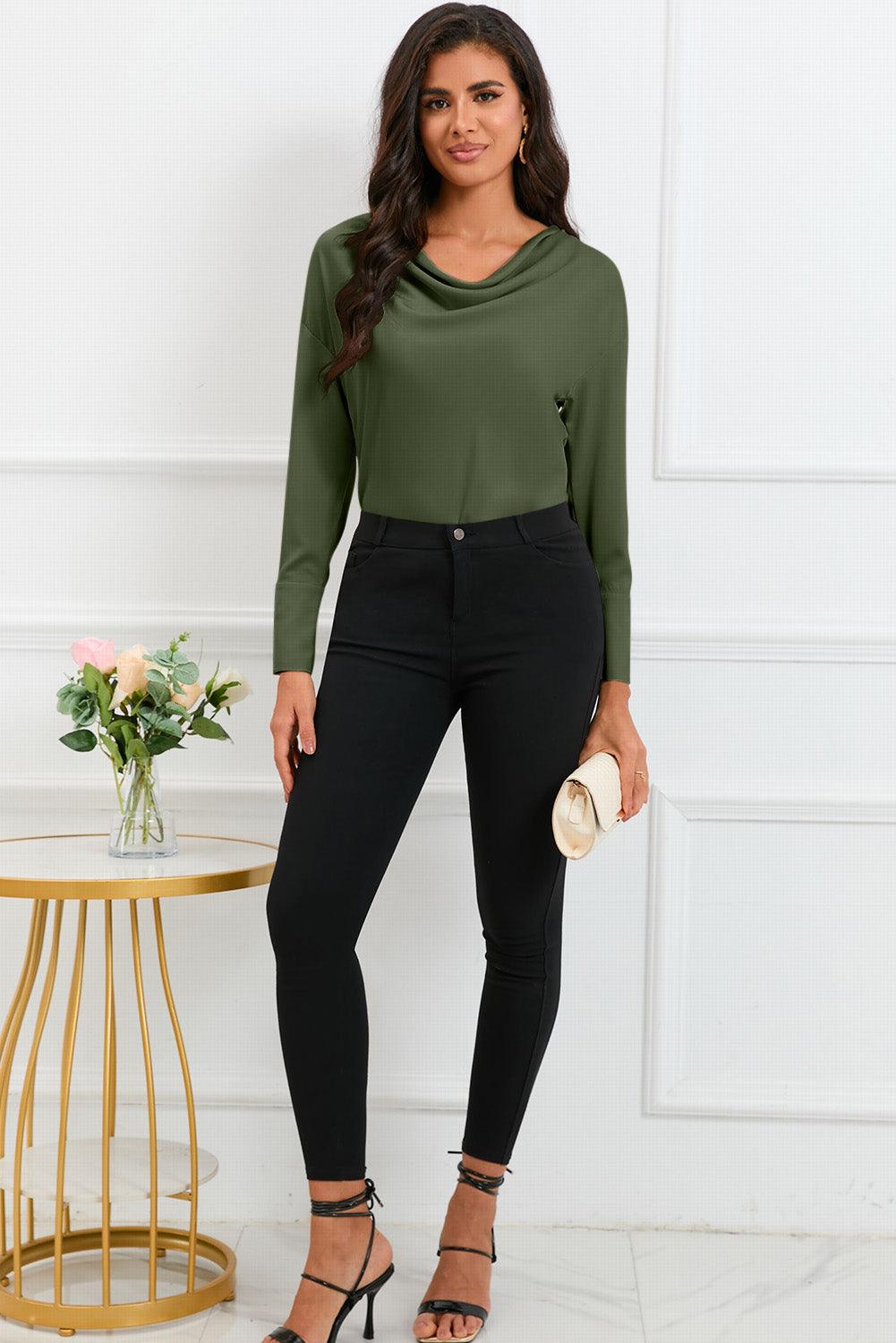 Cowl Neck Long Sleeve Elegant Blouse - L & M Kee, LLC