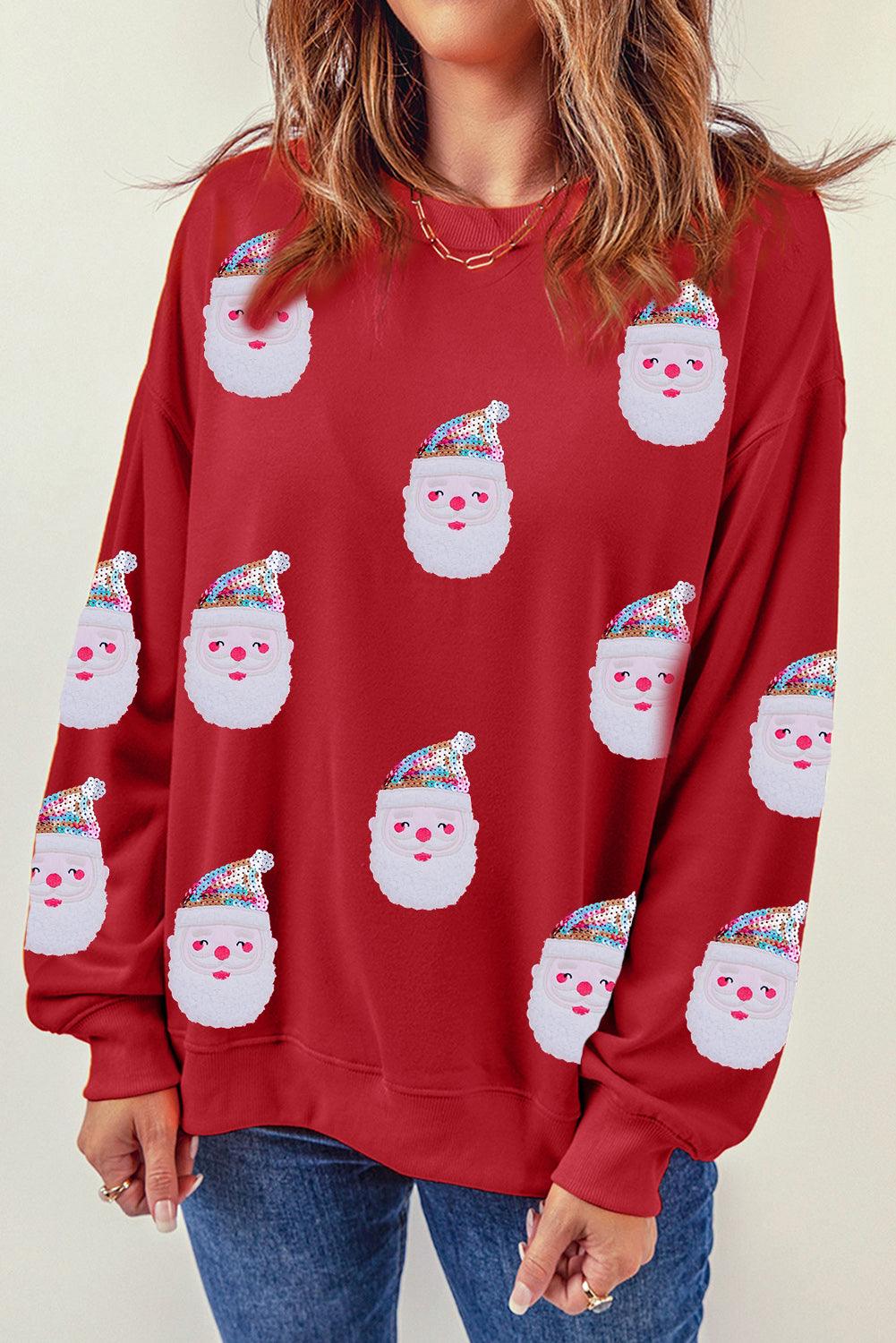Red Sequined Christmas Santa Clause Graphic Sweatshirt - L & M Kee, LLC