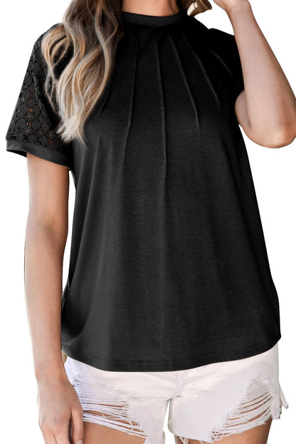 Black Seamed Detail Contrast Lace Raglan Sleeve Tee - L & M Kee, LLC