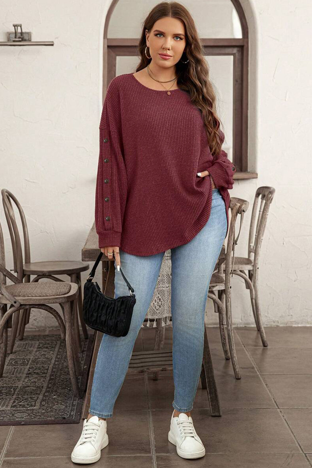 Wild Ginger Plus Size Ribbed Button Decor Long Sleeve Loose Top