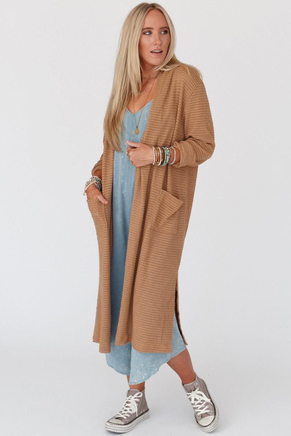 Chestnut Long Waffle Knit Cardigan with Pockets - L & M Kee, LLC