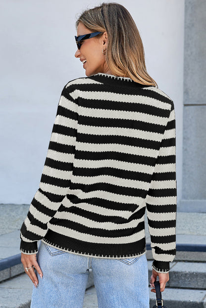 White Stripe Chic Golden Button Cardigan Sweater